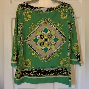 Charter Club Green and Yellow Ornate Blouse